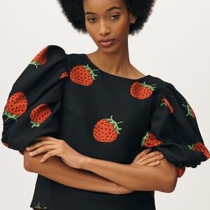 Maeve Black Top with Red Strawberry Print